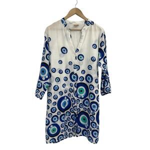 Swarna Greece 100% Cotton Blue Eye Patten Button Front Dress Swim Cover OS